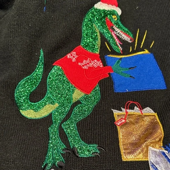 Mens Funny Black Sparkle T-Rex Dinosaur Christmas Holiday
X-Mas Sweater Sz.XL - Picture 9 of 13